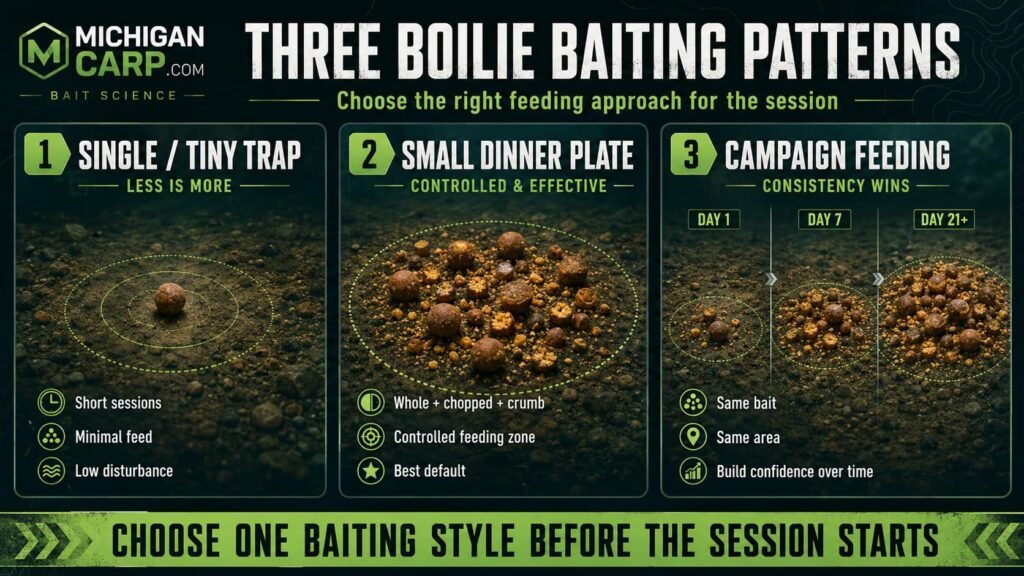 Three boilie baiting patterns showing single hookbait, small dinner plate and campaign feeding approach for carp