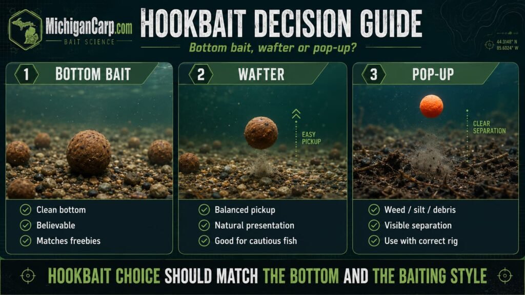 Boilie hookbait decision guide comparing bottom bait, wafter and pop-up presentations for carp fishing