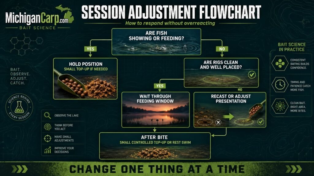 Boilie session adjustment flowchart showing when to top up, move a rod, change hookbait or keep fishing