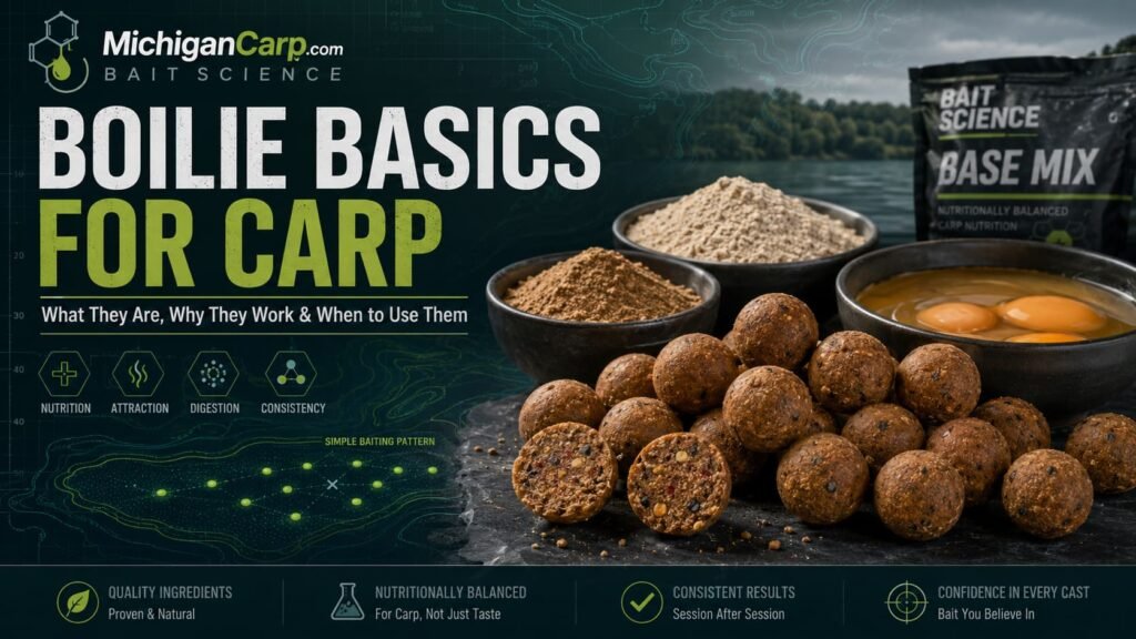 Boilie basics for carp showing round carp boilies, hookbaits, base mix ingredients and a simple baiting pattern