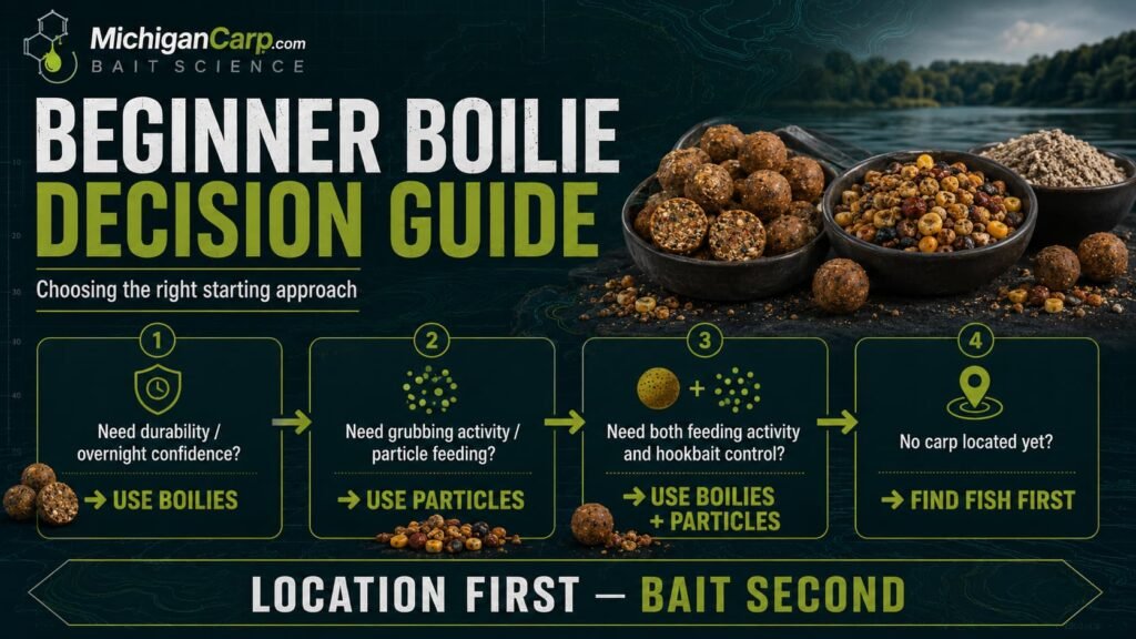 Beginner boilie decision guide showing when to use boilies, particles or a combined baiting approach