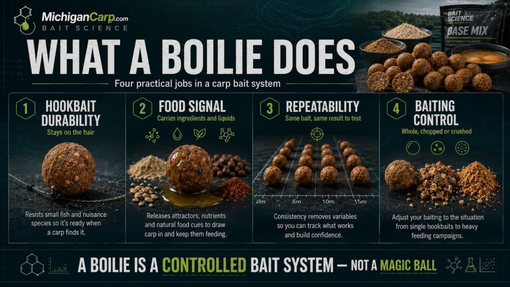 What a boilie does as a carp bait system showing hookbait durability, food signal, repeatability and baiting control