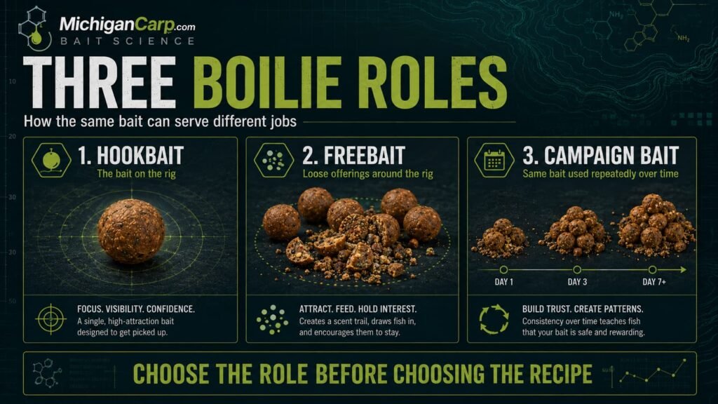 Three basic boilie roles showing hookbait, freebait and campaign bait uses for carp fishing