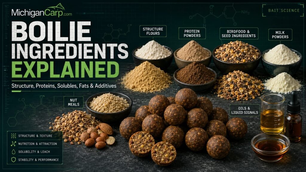 Boilie ingredients explained showing structure flours, proteins, solubles, fats, binders and additives for carp bait making