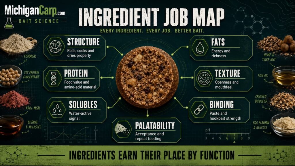 Boilie ingredient job map showing structure, protein, solubles, fats, texture, binding and palatability