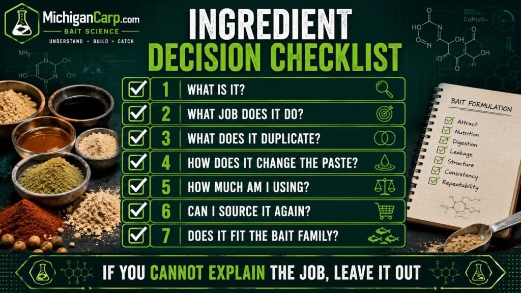 Boilie ingredient decision checklist showing questions to ask before adding a carp bait ingredient