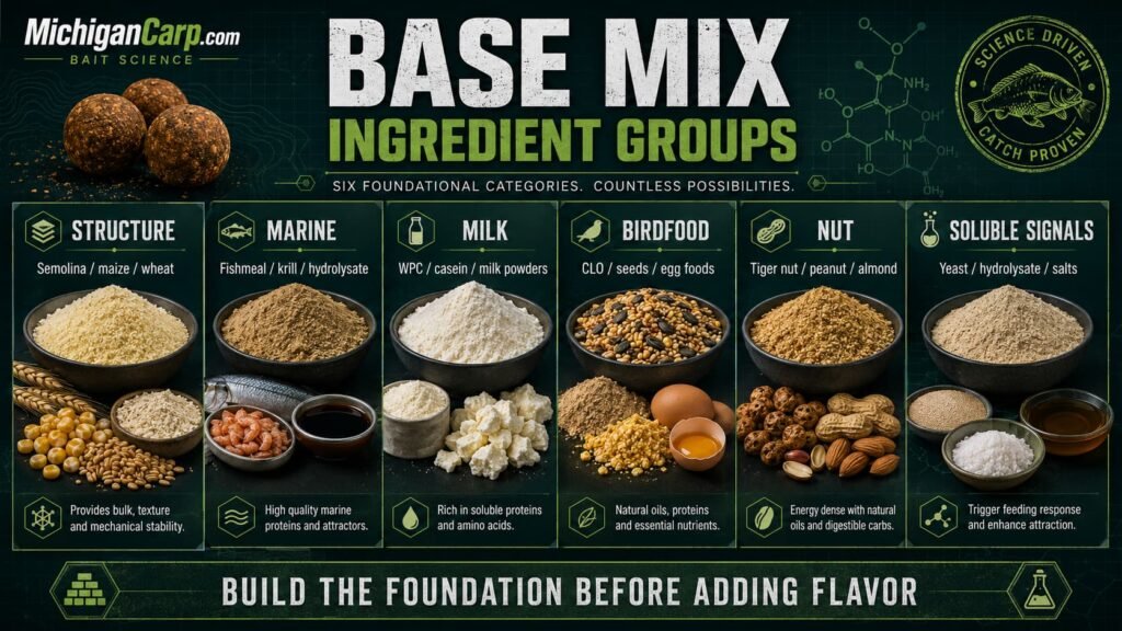 Boilie base mix ingredient groups showing structure, marine proteins, milk proteins, birdfood, nut meals and soluble signals