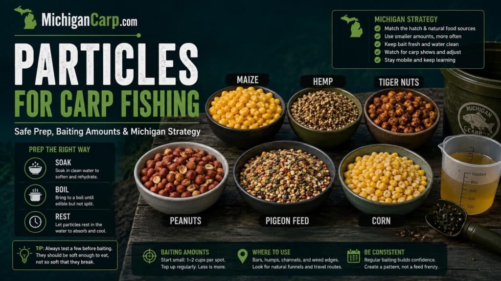 Particles for carp fishing showing prepared maize, hemp, tiger nuts, peanuts, pigeon feed and safe bait preparation