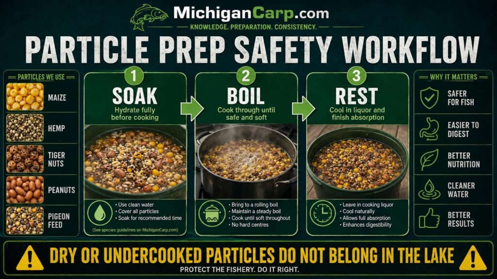 Particle prep safety workflow showing soak boil rest method for maize hemp tiger nuts peanuts and pigeon feed