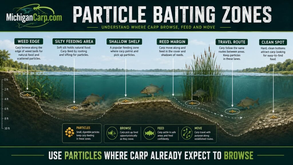 Particle baiting zones showing weed edges, silt, shallow shelves, margins and travel routes for carp fishing