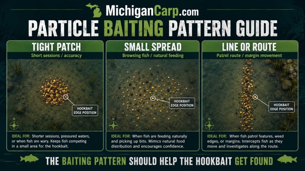 Particle baiting pattern guide showing tight patch line baiting and small spread for carp fishing