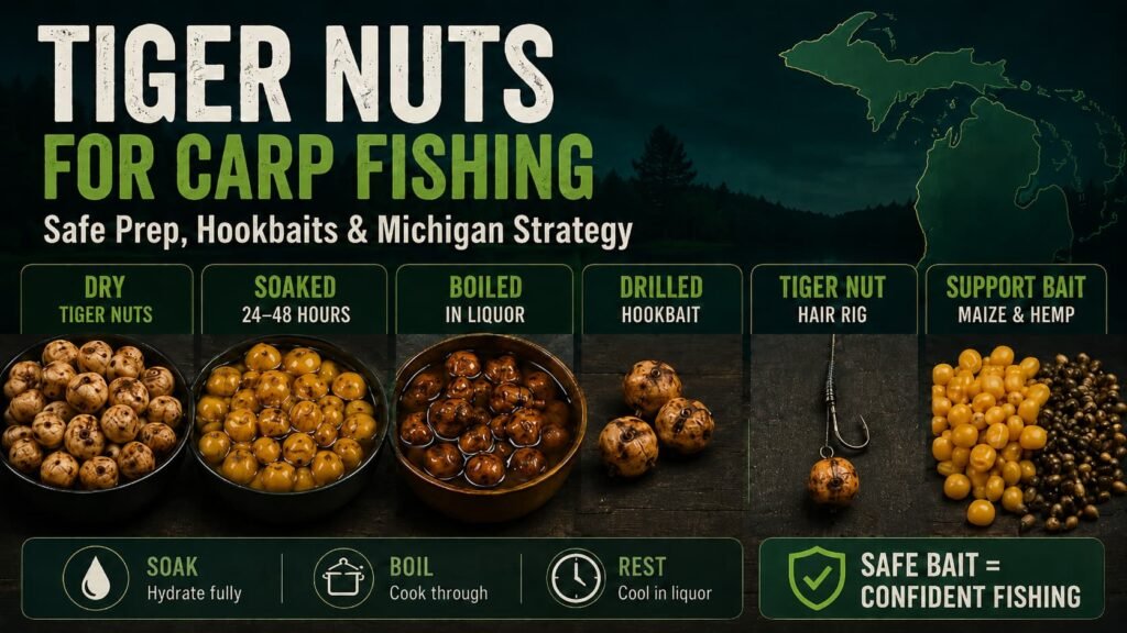 Tiger nuts for carp fishing showing soaked and boiled tiger nuts, hookbait rigs, prepared particles and safe bait preparation