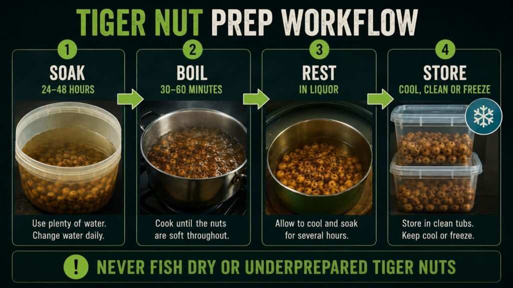 Tiger nut preparation workflow showing soak boil rest and storage stages for carp fishing