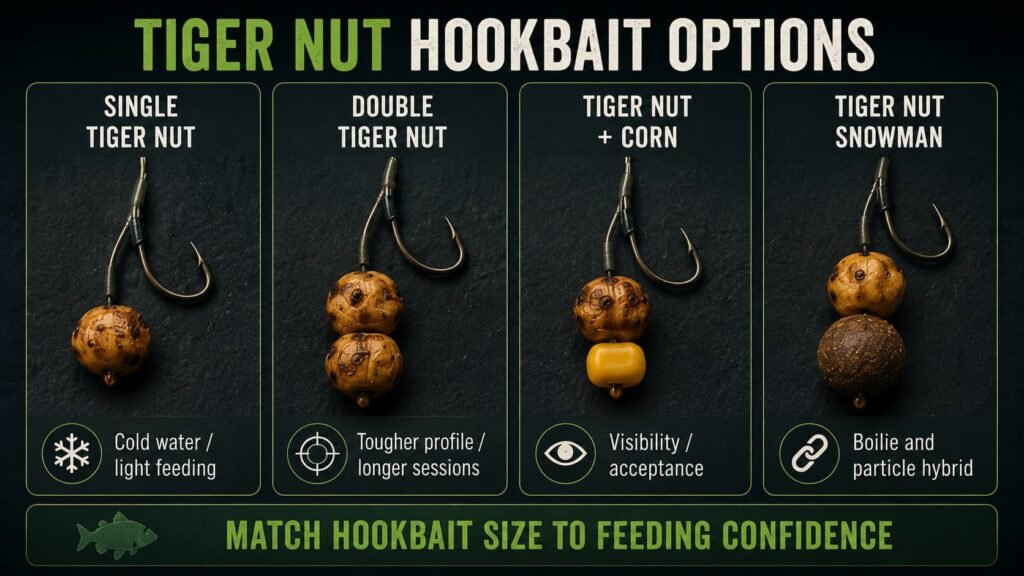 Tiger nut hookbait options showing single tiger nut double tiger nut corn tipped tiger nut and tiger nut snowman rig