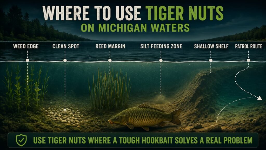 Where to use tiger nuts for carp showing weed edges clean spots reed margins silt shelves and patrol routes