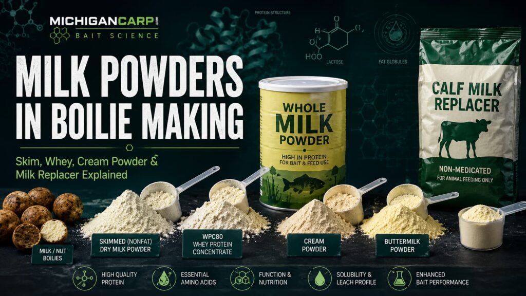 Milk powders in boilie making showing skimmed milk powder whole milk powder whey protein cream powder milk replacer and milk nut boilies