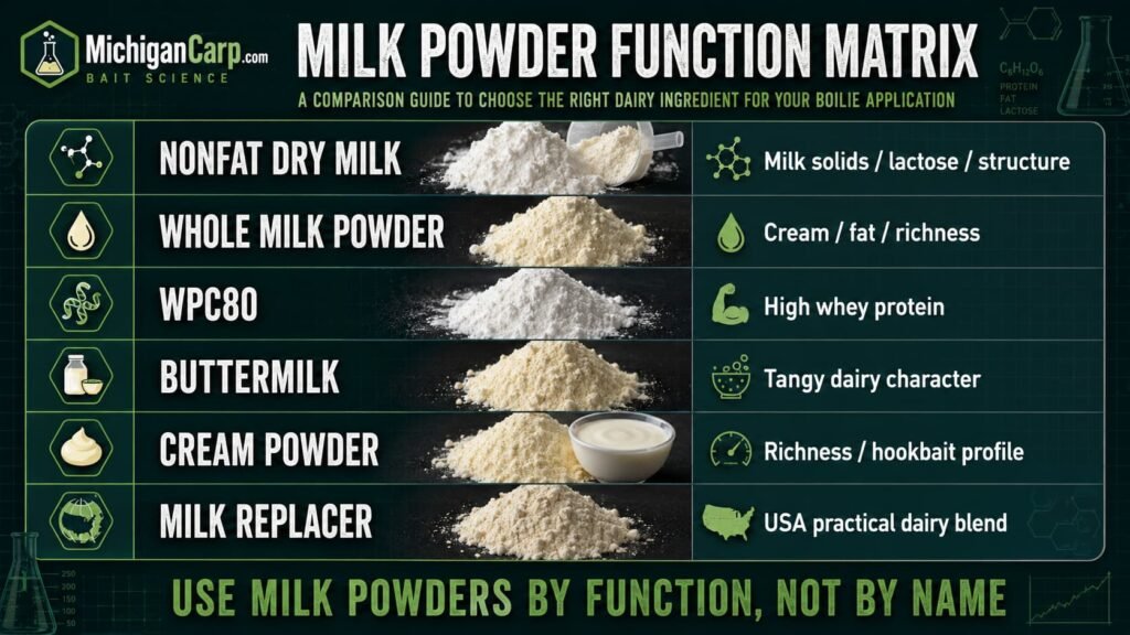 Milk powder function matrix for boilie making comparing skimmed milk whole milk whey WPC buttermilk cream powder lactose coconut milk powder and milk replacer