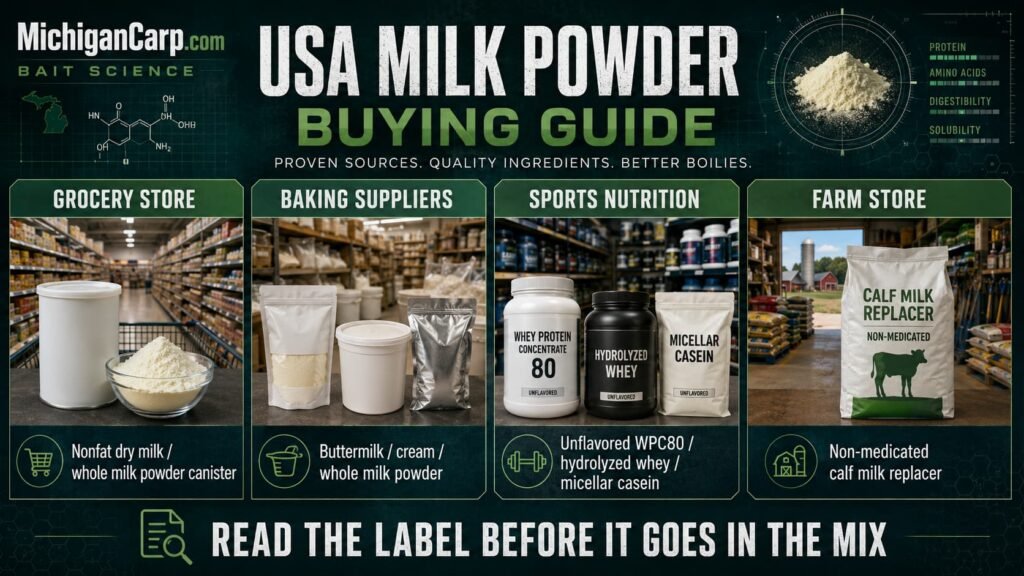 USA milk powder buying guide for boilie makers showing grocery dry milk Nido WPC80 buttermilk powder cream powder coconut milk powder and calf milk replacer