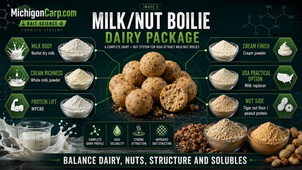 Milk nut boilie dairy package showing Nido WPC80 nonfat dry milk cream powder milk replacer tiger nut flour and peanut protein
