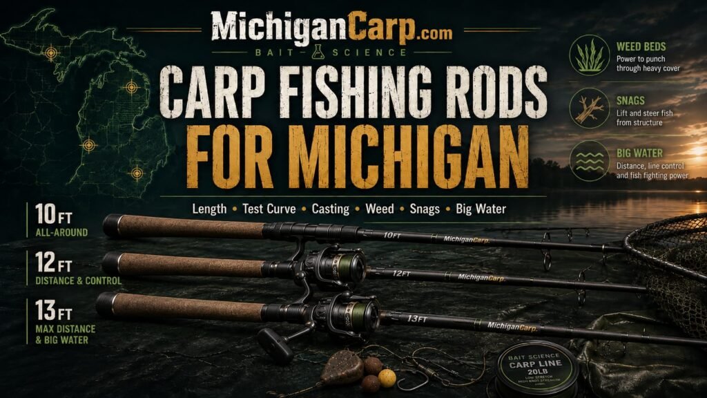 Carp fishing rods Michigan showing 10 foot 12 foot and 13 foot carp rods test curve casting distance weed snags big water and fish-safe control