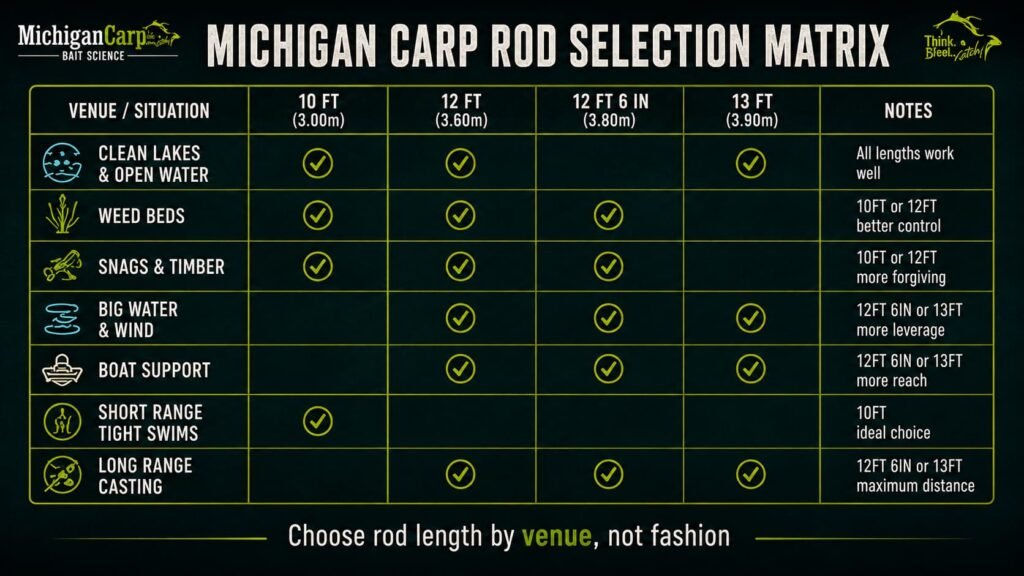 Michigan carp rod selection matrix comparing 10 foot 12 foot 12 foot 6 inch and 13 foot carp rods for clean lakes weed snags big water boats and casting distance