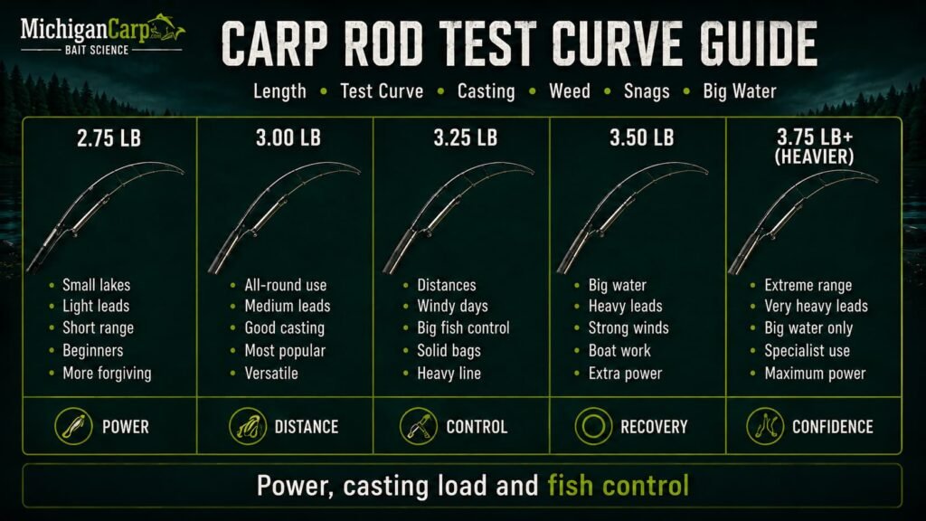 Carp rod test curve Michigan guide showing 2.75 lb 3 lb 3.25 lb 3.5 lb and 3.75 lb rods matched to clean lakes weed solid bags snags and big water
