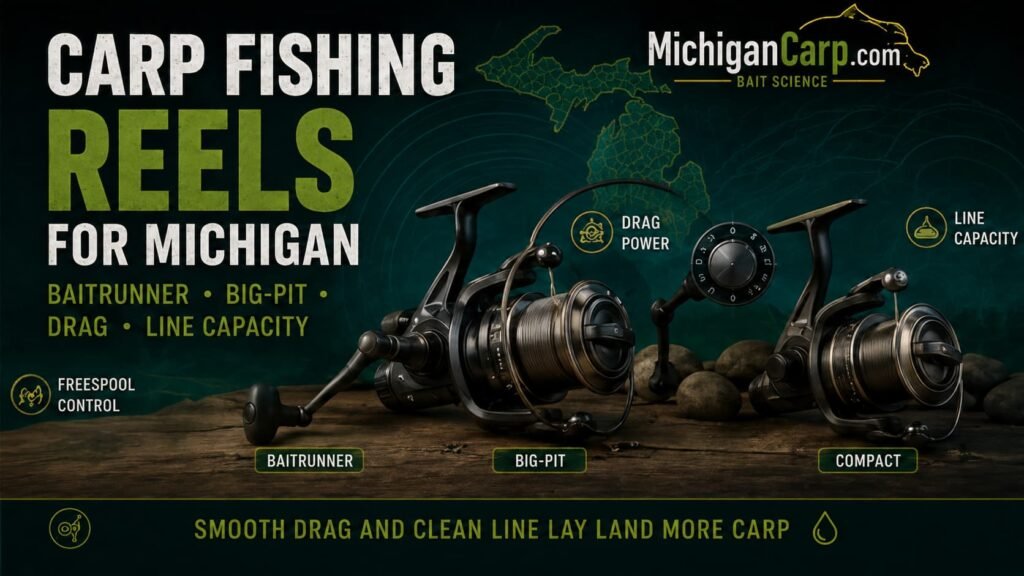  Carp fishing reels for Michigan showing baitrunner reel big pit reel drag line capacity mono braid weed snags and big water carp control