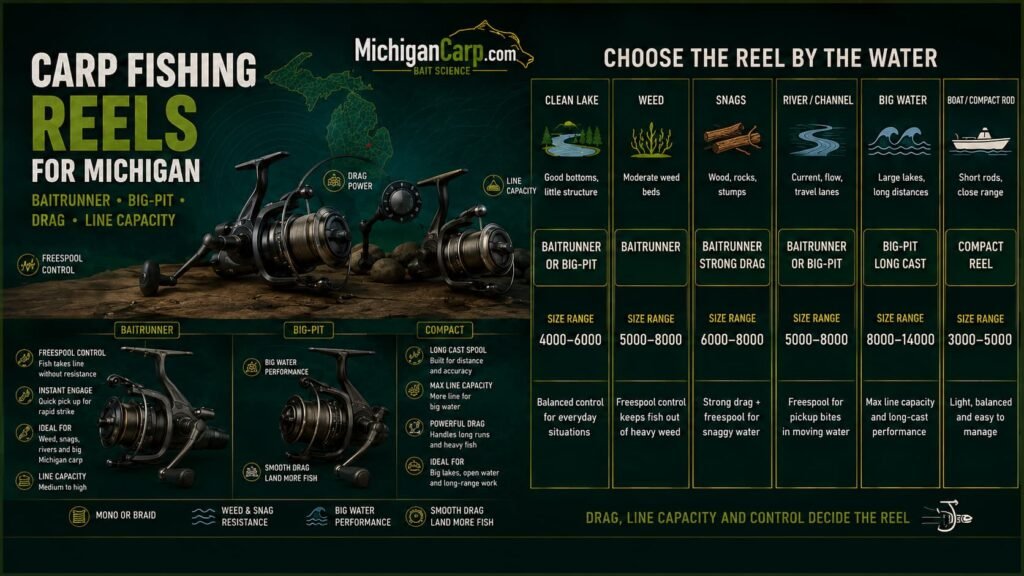 Michigan carp reel choice decision guide showing baitrunner reels big pit reels compact reels clean lakes weed snags rivers big water and line capacity