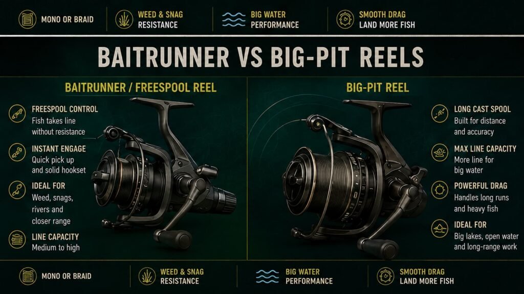 Baitrunner versus big pit carp reels for Michigan showing freespool control drag line capacity distance casting weed snags and big water uses