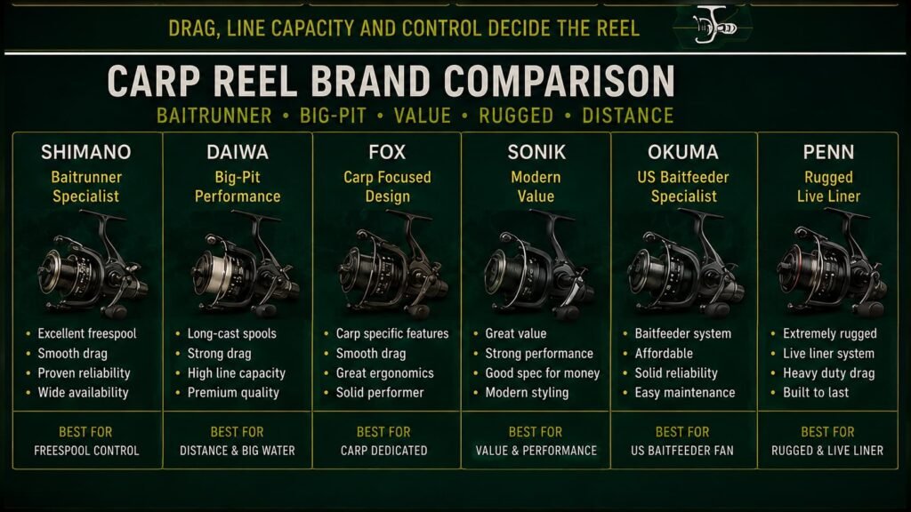 Carp reel brand comparison for Michigan showing Shimano Daiwa Fox Sonik Okuma and Penn reels for baitrunner big pit budget rugged and distance fishing