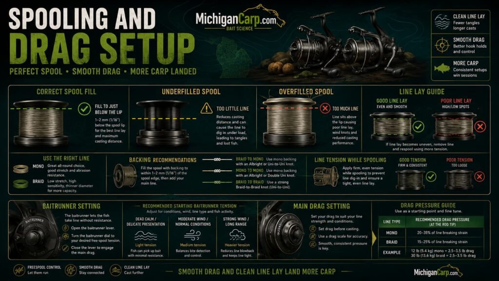 Carp reel spooling and drag setup for Michigan showing backing mono braid spool fill baitrunner setting main drag line lay and wind knot prevention