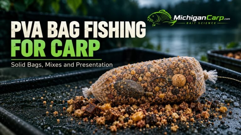 Solid PVA bag for carp fishing with the lead, hook rig and hookbait enclosed inside the bag.