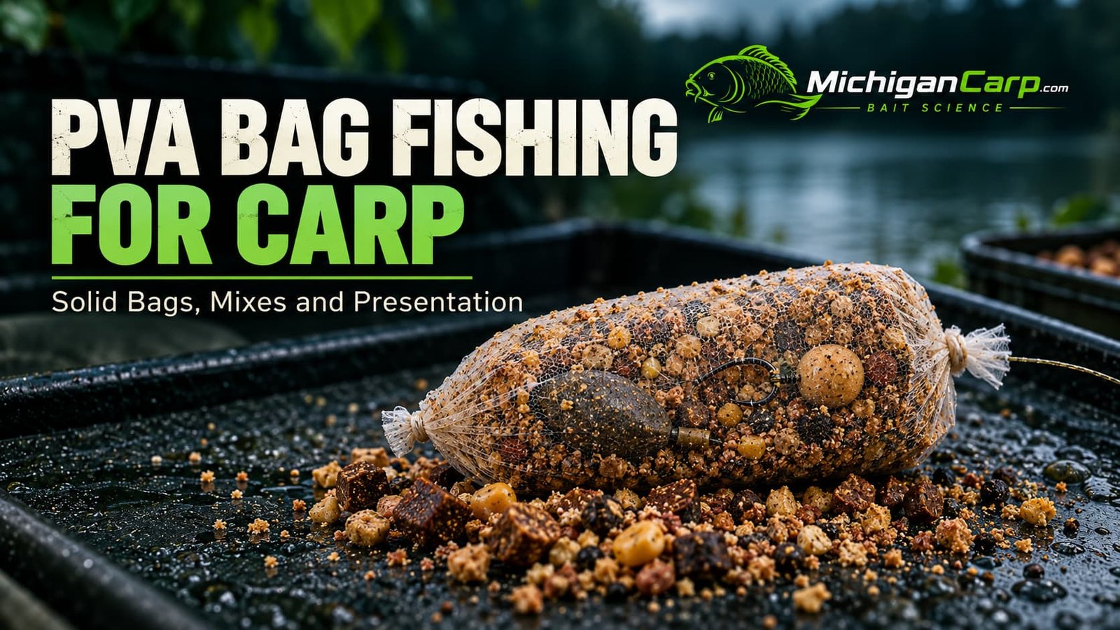 Solid PVA bag for carp fishing with the lead, hook rig and hookbait enclosed inside the bag.