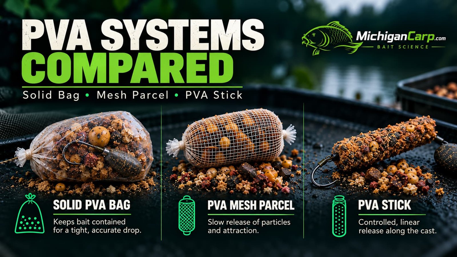 Comparison of a solid PVA bag, PVA mesh parcel and PVA stick for carp fishing.