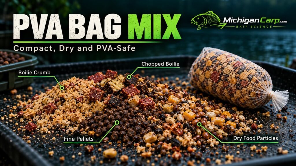 Dry PVA bag mix showing boilie crumb, chopped boilies, fine pellets and dry food particles.
