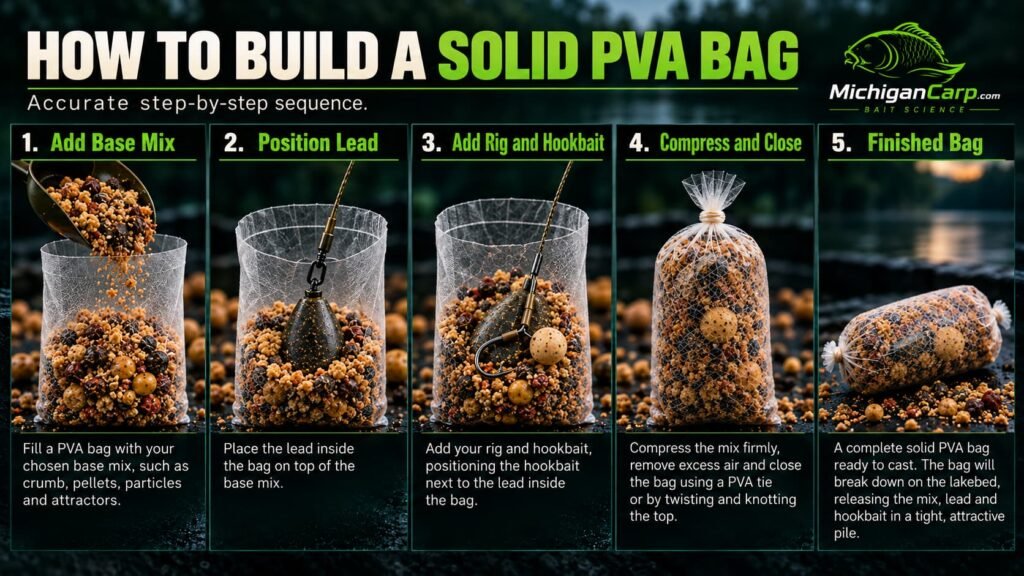 Step-by-step solid PVA bag construction showing base mix, lead, rig and hookbait placed inside the bag before closing.