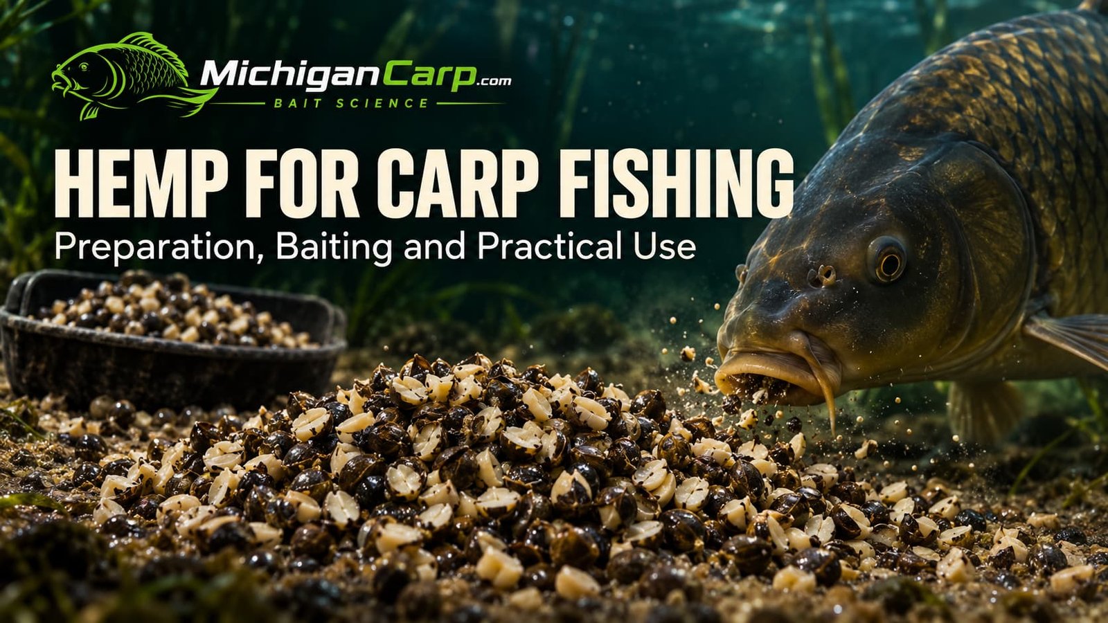 Hemp for carp fishing showing prepared split hempseed and a common carp feeding over the bait.