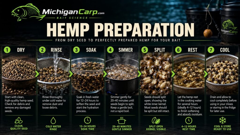 How to prepare hemp for carp fishing by rinsing, soaking, simmering, resting and cooling the seeds.