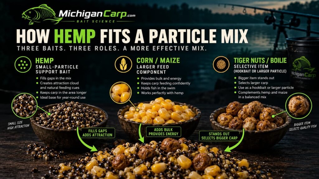Hemp for carp fishing used with corn, maize, tiger nuts and boilies in a controlled particle baiting system.