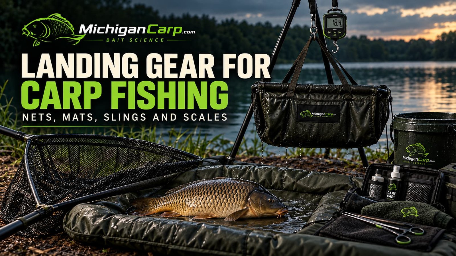 Landing gear for carp fishing showing a carp landing net, padded mat, weigh sling, scales and water bucket beside a Michigan lake.