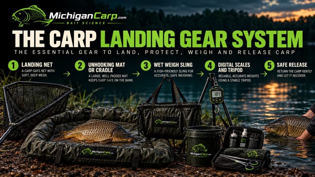 Carp landing gear system showing a landing net, padded unhooking mat, weigh sling, scales and release equipment.