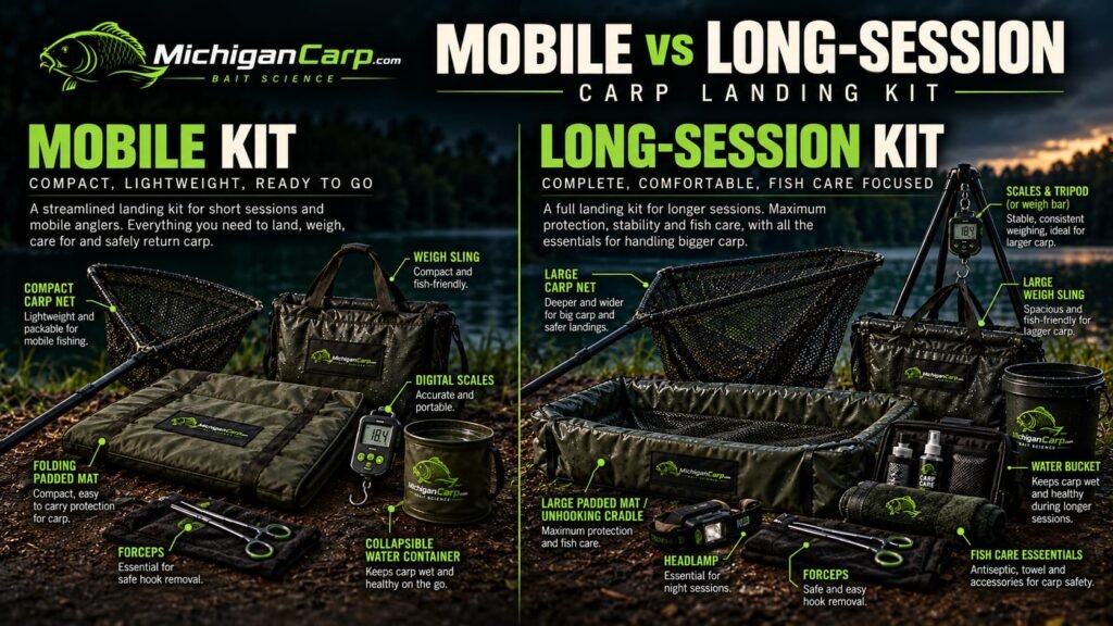 Comparison of mobile and long-session landing gear for carp fishing including nets, mats, slings, scales and fish-care equipment.