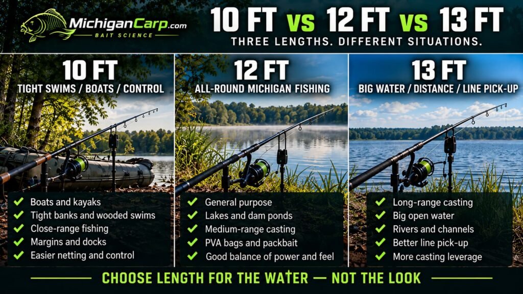 Comparison of 10 foot, 12 foot and 13 foot carp rods for tight swims, general Michigan fishing and big-water distance casting.