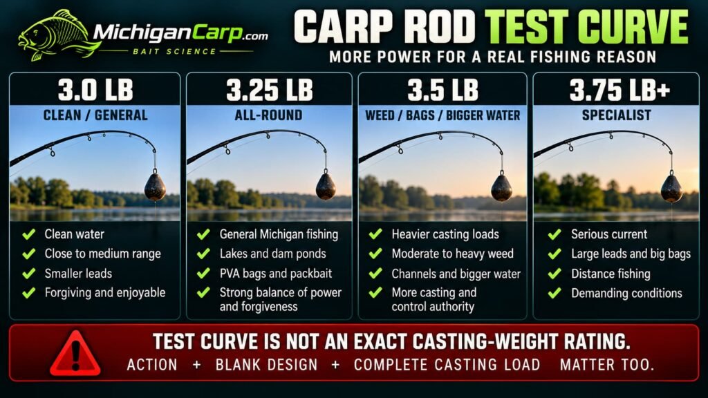 Carp rod test curve guide comparing 3 lb, 3.25 lb, 3.5 lb and 3.75 lb rods for Michigan carp fishing.