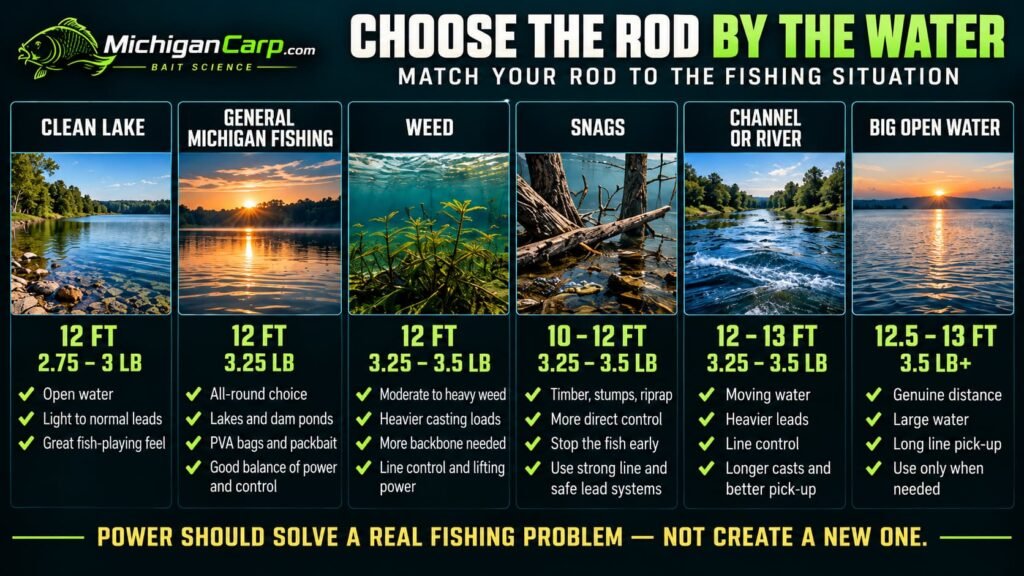 Michigan carp rod selection guide for clean lakes, weed, snags, channels and large open-water fishing.