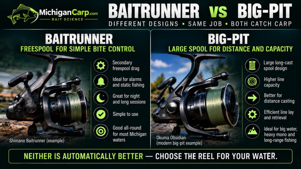 Big pit vs Baitrunner carp reel comparison showing secondary freespool drag, long-cast spool, line capacity and take control.