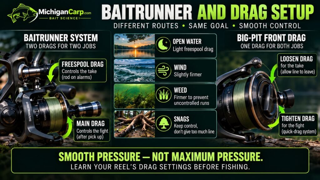 Baitrunner and big-pit carp reel drag setup showing how freespool and fast front drag manage the take and fight.