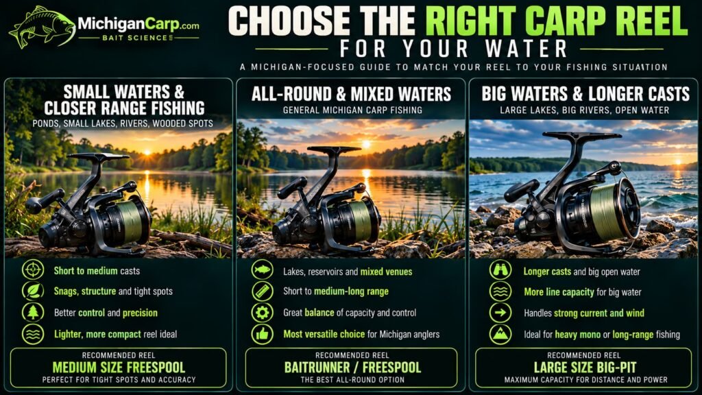 Michigan carp reel selection guide for clean lakes, weed, snags, channels and big open water.