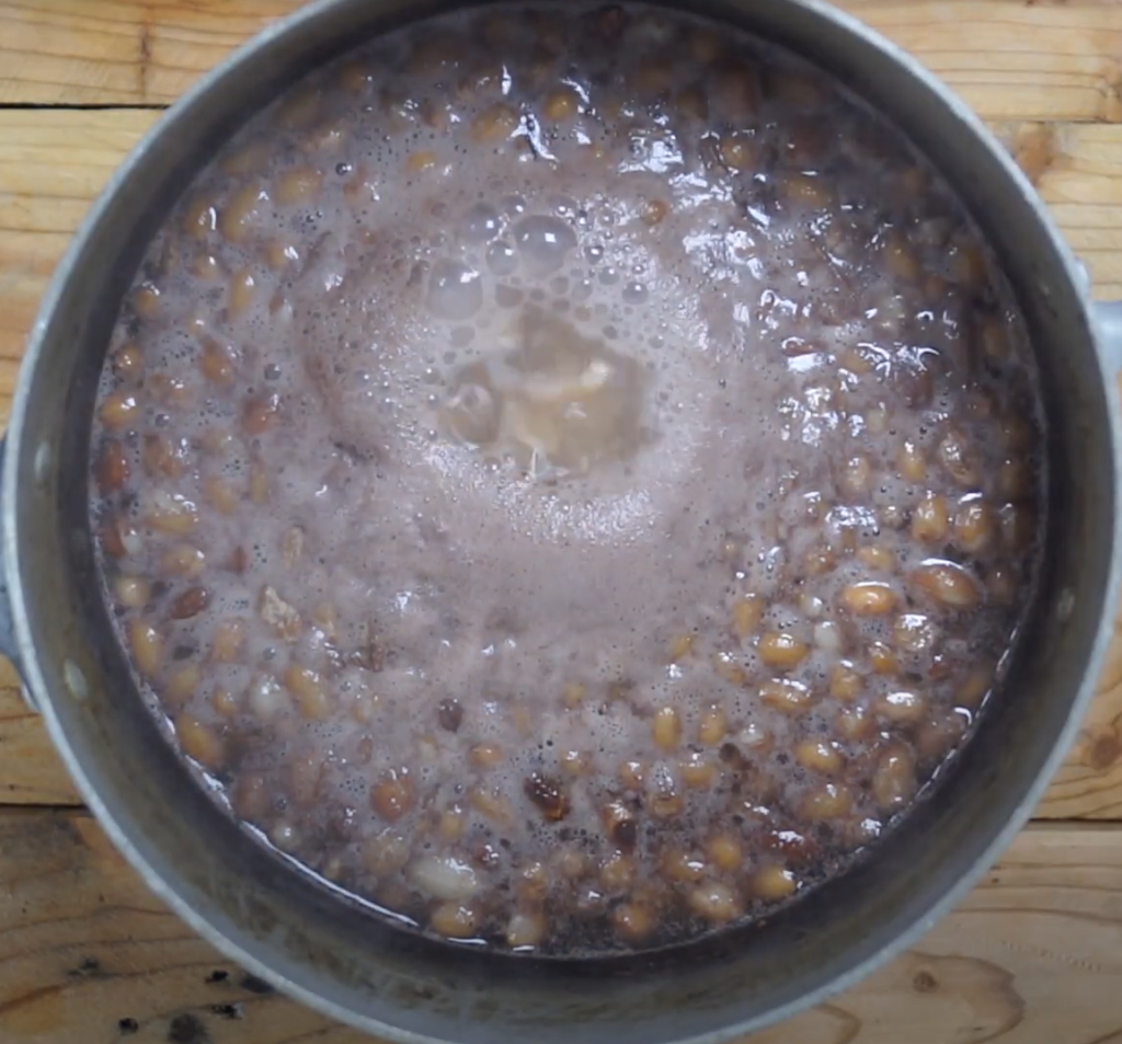 Boiling carp particles to fully cook corn, seeds, and beans before fishing