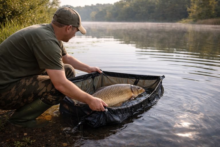 Carp angler carefully releasing a common carp from a weigh sling back into the lake